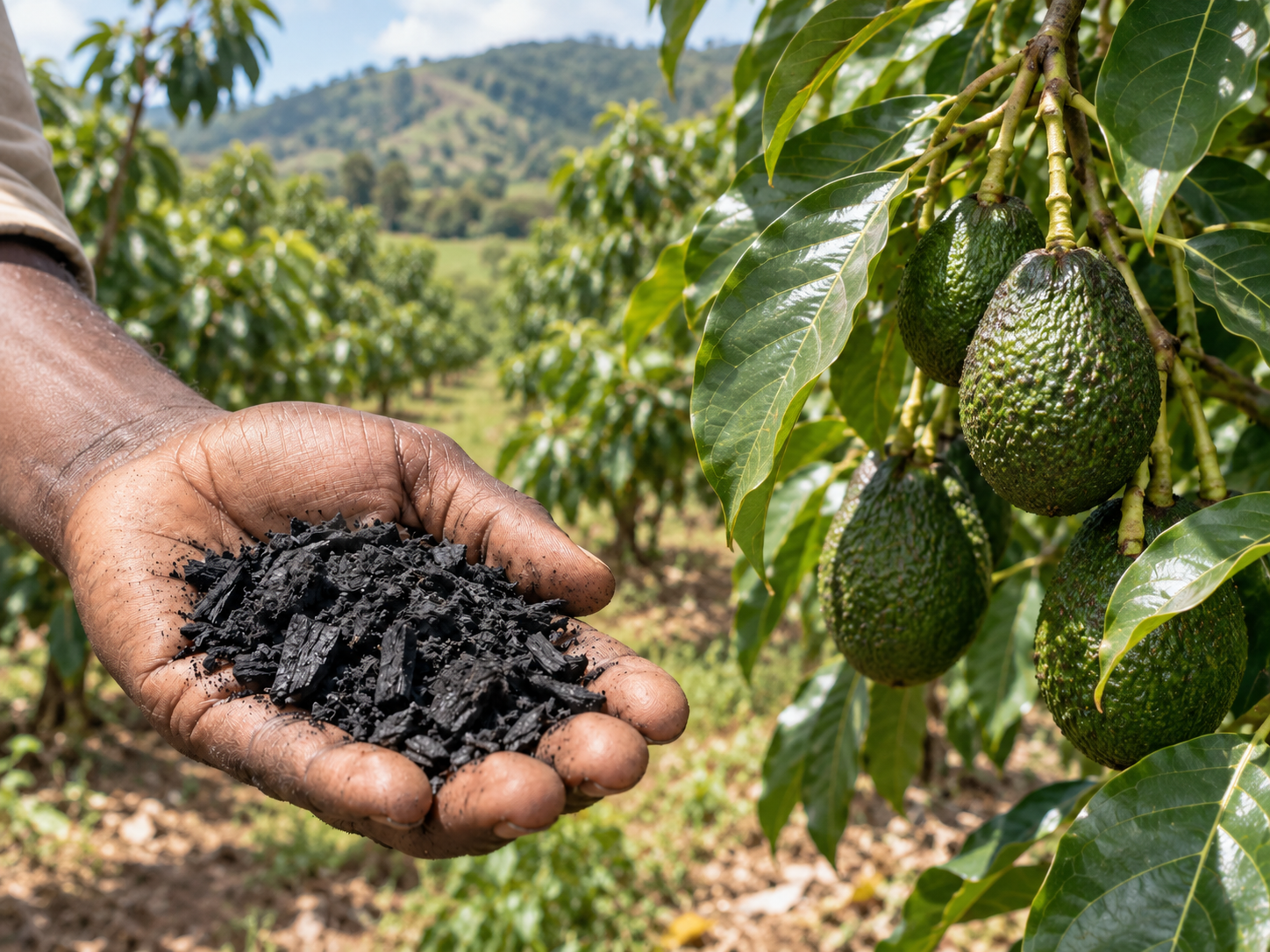 Hand holding biochar next to avocados on the tree